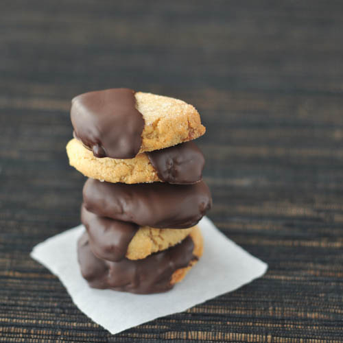Chocolate-Dipped Marcona Butter Cookies from Spabettie | Month O' Cookies on Recipe Renovator